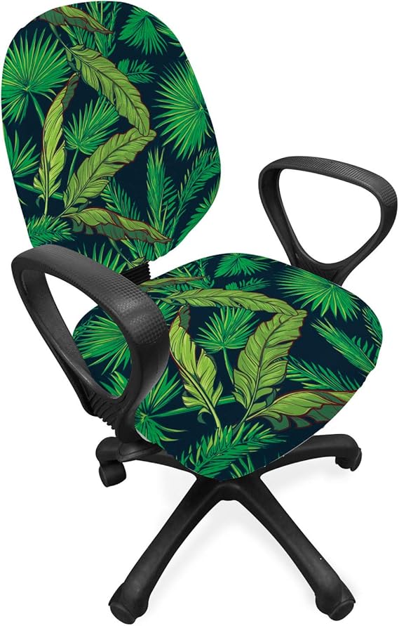 Lunarable Jungle Office Chair Slipcover, Exotic Fan Palm and Areca Leaf Tropical Foliage in Modern Interior, Protective Stretch Decorative Fabric Cover, Fern Green Dark Petrol Blue