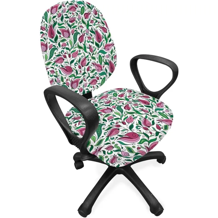 Lunarable Tulip Office Chair Slipcover, Swirling Doodle Natural Tulip Flowers and Foliage Leaves Abstract Art, Protective Stretch Decorative Fabric Cover, Dark Magenta and Green