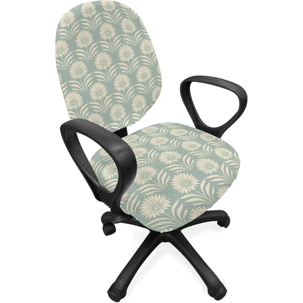 Lunarable Antique Office Chair Slipcover, Abstract Leaves and Flower Prehistoric Aboriginal Nature Art Bloom, Protective Stretch Decorative Fabric Cover, Standard Size, Sage Green and Champagne