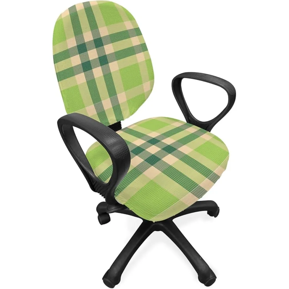 Lunarable Plaid Office Chair Slipcover, Composition of Geometric Shapes Classical Tartan Illustration, Protective Stretch Decorative Fabric Cover, Hunter Green Apple Green