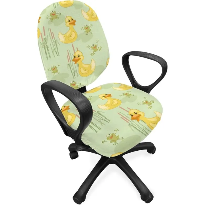 Lunarable Animal Art Office Chair Slipcover, Cartoon Pattern Illustration of Ducks and Jumping Frogs, Protective Stretch Decorative Fabric Cover, Standard Size, Pale Green Mustard Khaki