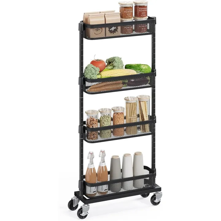SONGMICS Slim Storage Cart, 4-Tier Metal Rolling Cart with Wheels, Flexible Baskets, Narrow Cart for Kitchen, Bathroom, Laundry Room, Easy Assembly, Black UBSC065B01