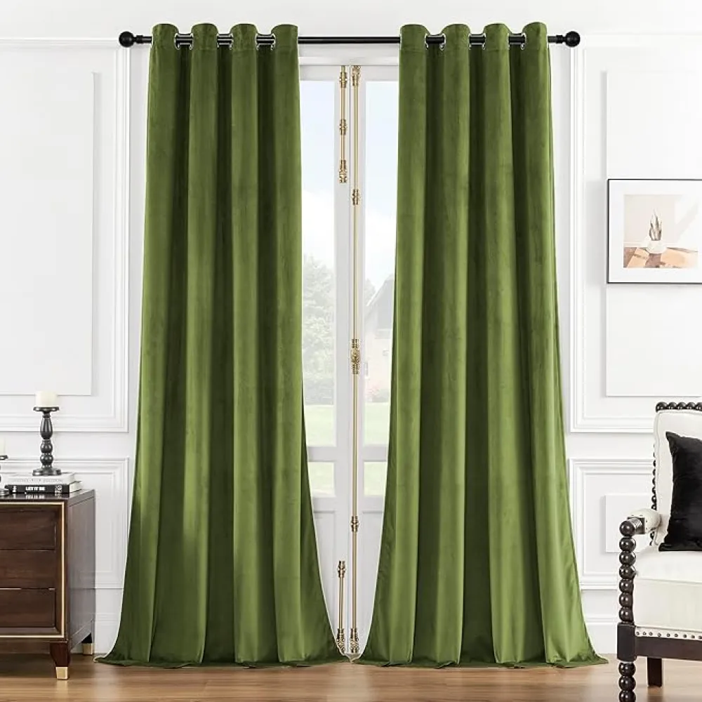 SMILETIME Green 96 in Long Velvet Curtains with Grommet, Thermal Insulated Super Soft Privacy Noise Reducing Light Filtering Velvet Curtains for Living Room, 2 Panels, Each 52 x 96 inches Long