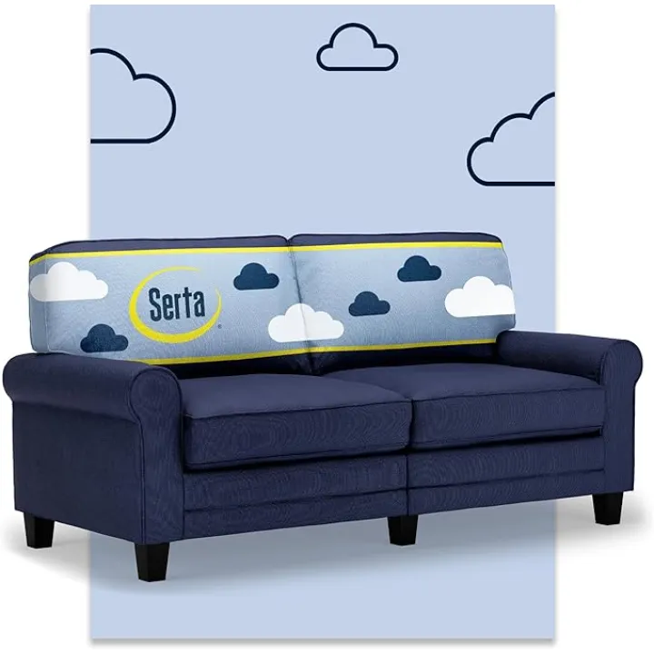Serta Copenhagen 73" Rolled Arm Sofa, Easy Care Polyester, Soft Pillow Back, Pocket Coil Seat Cushions, Removable Covers, Loveseat or Couch for Small Spaces, Living Rooms or Bedrooms, Navy Blue