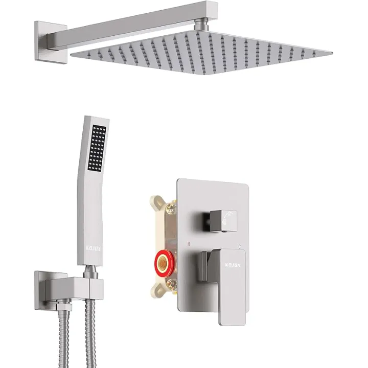 Shower System with High Pressure 12 Inch Rainfall Shower Head, Handheld Shower head and Shower Faucet Trim valve, Bathroom Luxury Rain Mixer Shower Set Wall Mounted Brushed Nickel