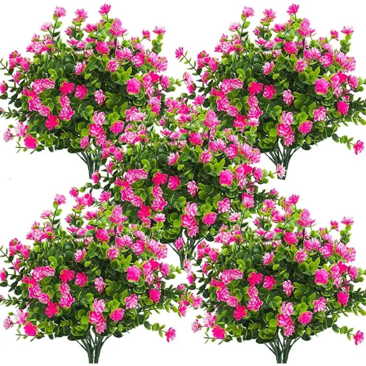 10 Bundles Artificial Fake Flowers, Faux Outdoor Plastic Plants UV Resistant Shrubs Outside Indoor Decorations (Pink-Eucalyptus)