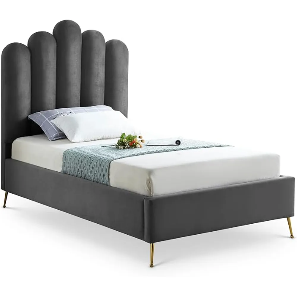 Meridian Furniture Lily Collection Modern | Contemporary Velvet Upholstered Bed with Deep Channel Tufting and Custom Gold Steel Legs, Twin, Grey
