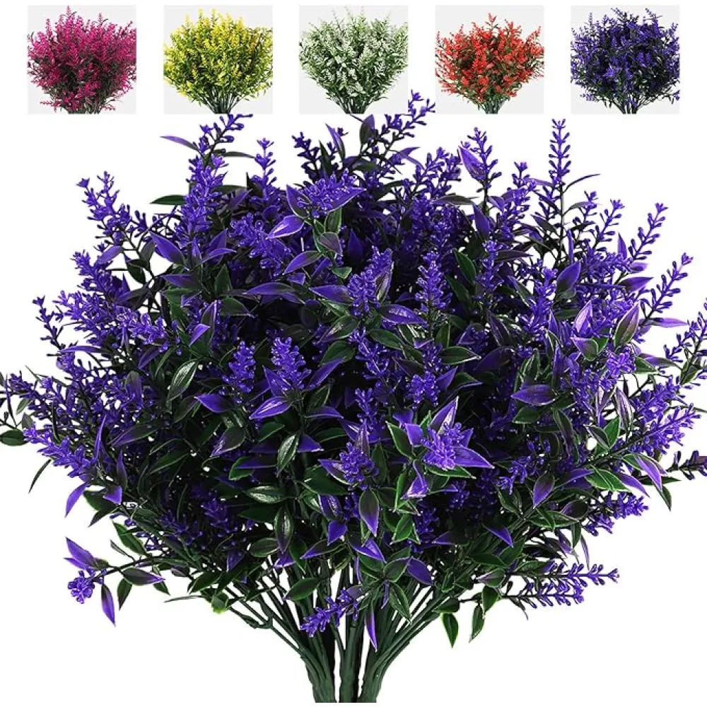 RECUTMS Artificial Greenery Lavender Fake Shrubs Flowers 8 Bundles UV Resistant Hanging Planter Flora Fence Indoor Outside Decor Wedding Table Flowers Arrangement Bouquet Filler (Purple)