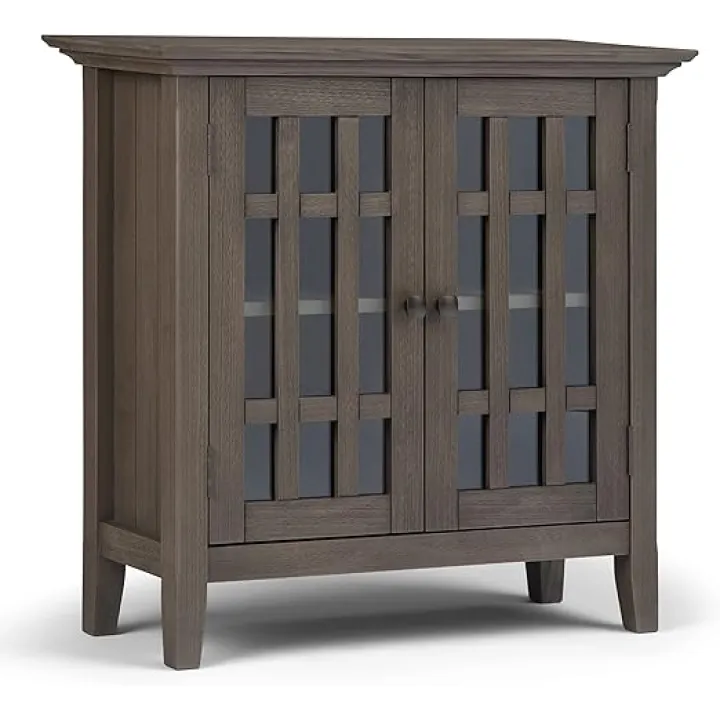 SIMPLIHOME Bedford SOLID WOOD 32 inch Wide Transitional Low Storage Media Cabinet in Farmhouse Grey for the Living Room, Entryway and Family Room