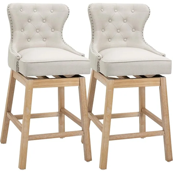 HOMCOM Upholstered Fabric Bar Height Bar Stools, 180° Swivel Nailhead-Trim Pub Chairs, 30" Seat Height with Rubber Wood Legs, Set of 2, Cream