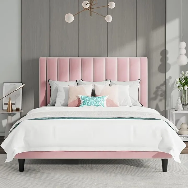 SHA CERLIN Queen Bed Frame/Velvet Upholstered Platform Bed Frame with Headboard/Strong Wood Slats Support/Mattress Foundation/No Box Spring Needed - Pink
