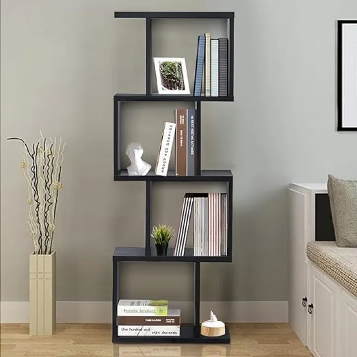 Giantex 4 Tier Bookshelf S Shaped Bookcase, Multifunctional Wooden Display Decor Furniture, Free Standing Industrial Storage Rack for Living Room Bedroom Office, Modern 4 Shelf Bookcase (Black, 1)