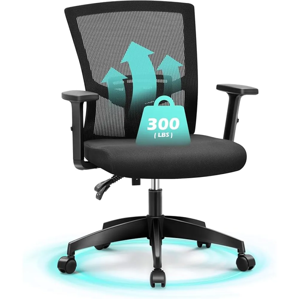 ALPHA HOME Office Chair Ergonomic Home Desk Chair Mid Back Mesh Computer Chair with Lumbar Support Executive Stool with Adjustable Armrest & Seat Cushion Rolling Swivel Desk Chair,Black