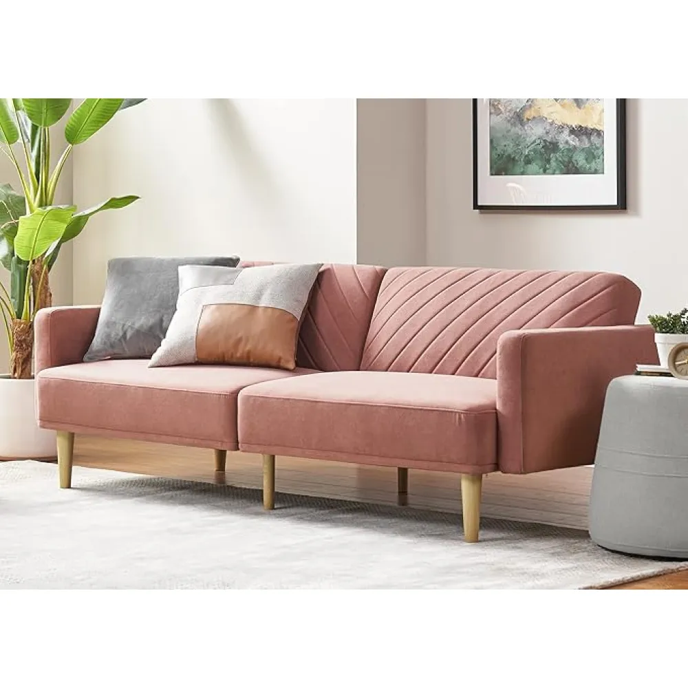 mopio 76.8" Futon Sofa Bed, Small Couch, Sleeper, Loveseat, Mid Century Modern Futon Couch, Sofa Cama, Couches for Living Room (Old Rosa Velvet)