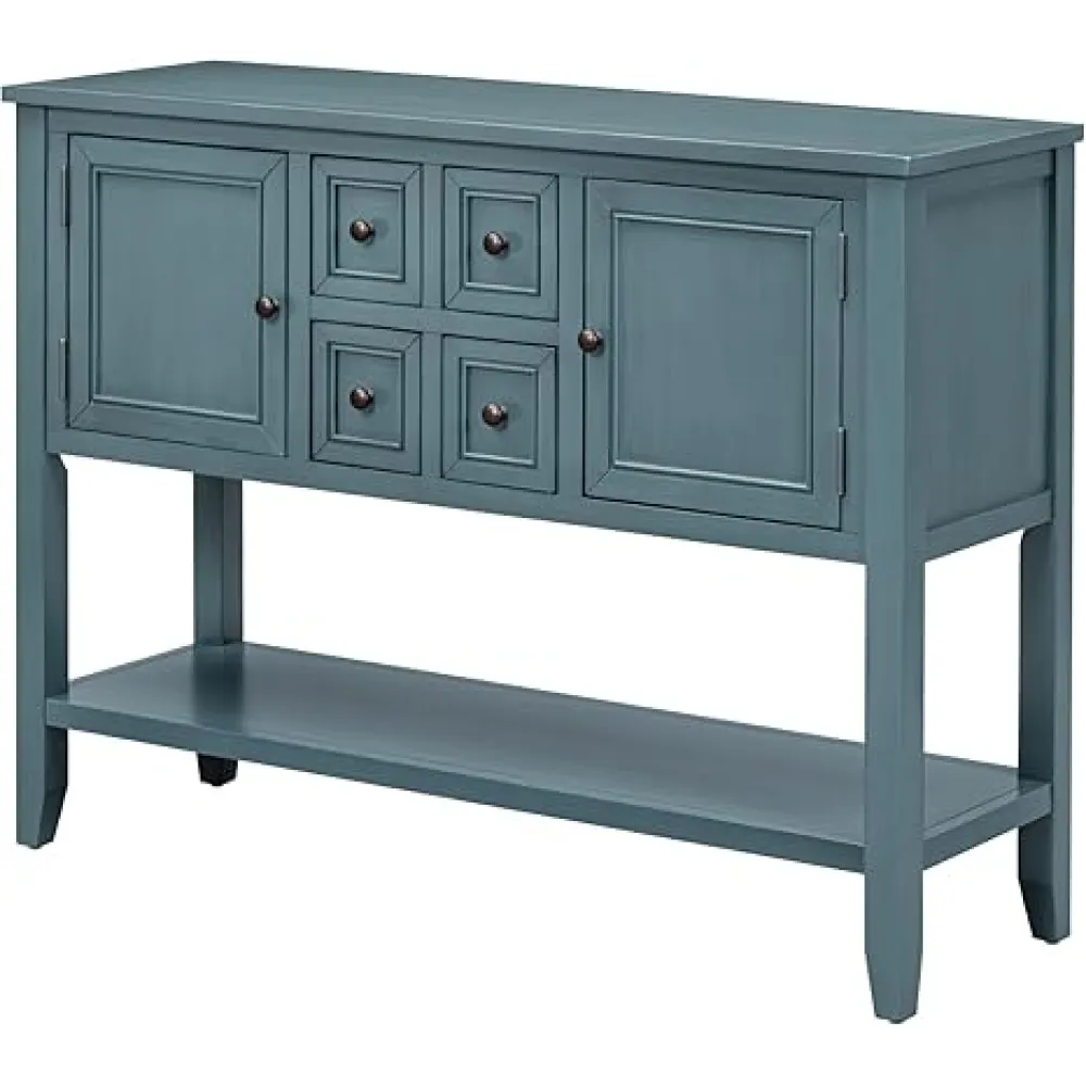 Merax Farmhouse Sideboard and Buffet Storage Cabinet Console Table with 4 Small Drawers, 2 Cabinet and Bottom Shelf (Dark Blue)