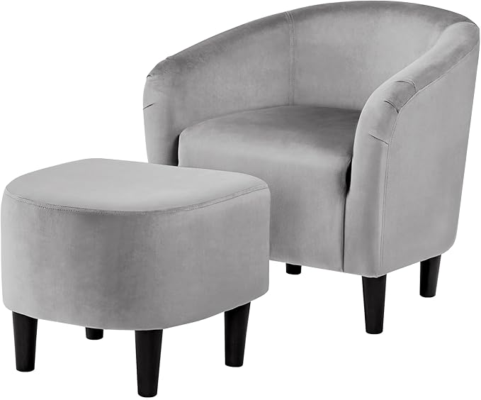 Yaheetech Accent Barrel Chair and Footrest Living Room Chair Chaise Lounge Living Room Set Furniture with Footstool Velvet Gray