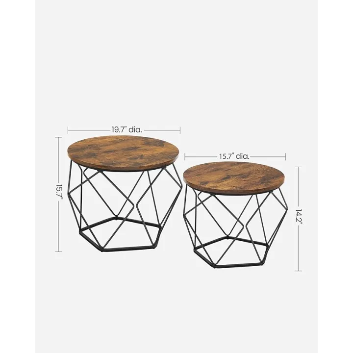 VASAGLE Small Coffee Table Set of 2, Round Coffee Table with Steel Frame, Side End Table for Living Room, Bedroom, Office, Rustic Brown and Ink Black