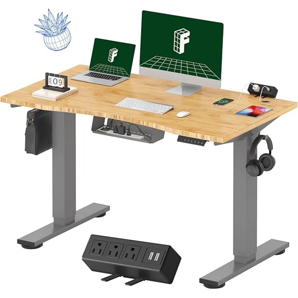 FLEXISPOT EN2 Whole-Piece Bamboo Standing Desk with Clamp Power Strip, 48 x 24 Electric Stand Up Height Adjustable Desk with Cable Management (Grey Frame + 48" Bamboo Top, 2 Packages)