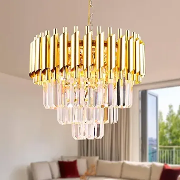 FRIXCHUR Crystal Brass Chandeliers Gold Pendant Light Modern Gold Chandelier for Dining Room Kitchen Foyer Bedroom,15.7 Inch
