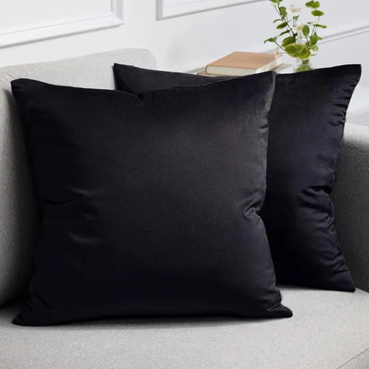 lalaLOOM Velvet Throw Pillow Covers, Set of 2, 20x20 Decorative Square Pillows Home Decor, Soft Accent Cases, Silky Machine Washable Pillowcases for Sofa, Couch, Bedroom, Living Room, Jet Black