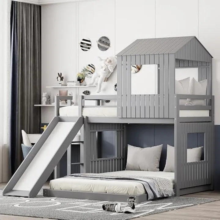 Harper & Bright Designs House Bunk Beds Twin Over Full Size, Wood Bunk Beds with Roof and Window (Grey, Twin Over Full (with Slide))