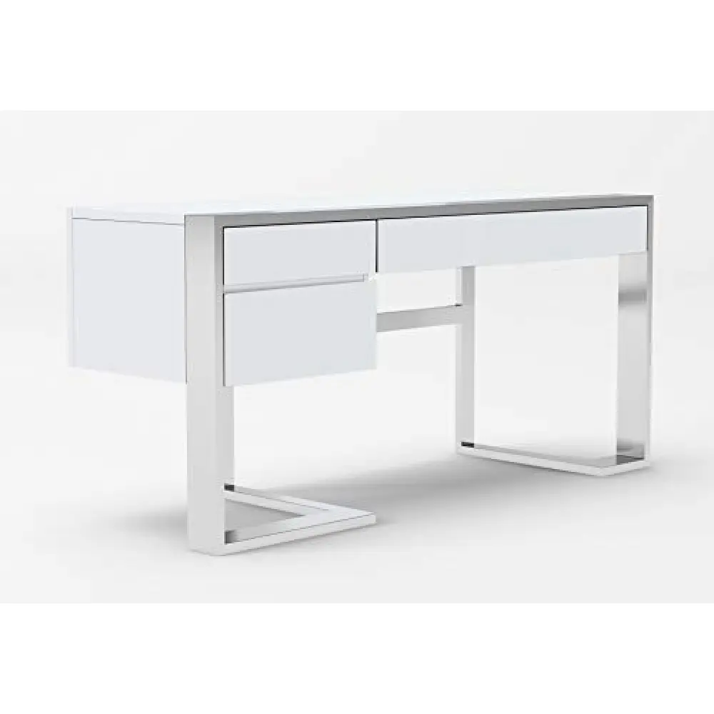 Limari Home Salvator Collection Modern Style Home Office Desk with 3 Soft Closing Drawers & Stainless Steel Chrome Base, White High Gloss