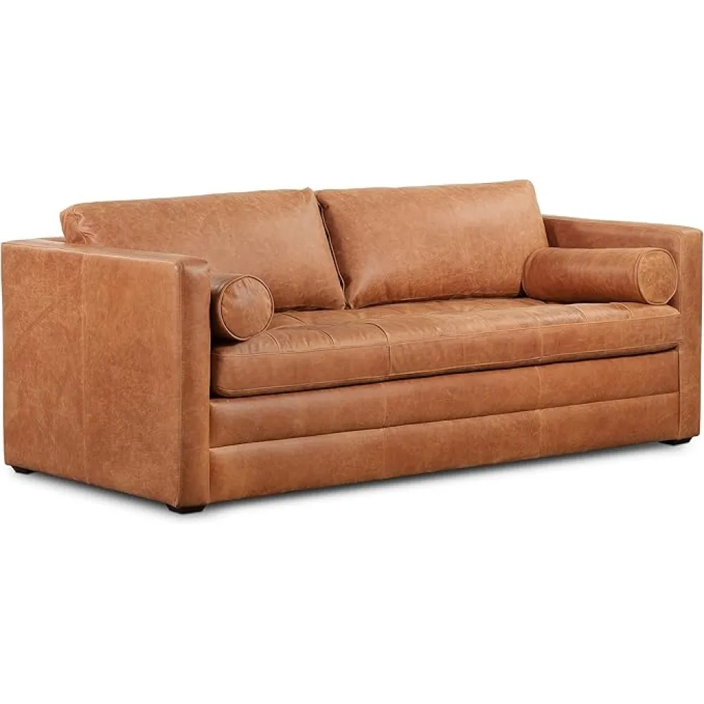 POLY & BARK Napa 82" Pull-Out Convertible Sleeper Sofa in Full-Grain Pure-Aniline Italian Leather, Cognac Tan