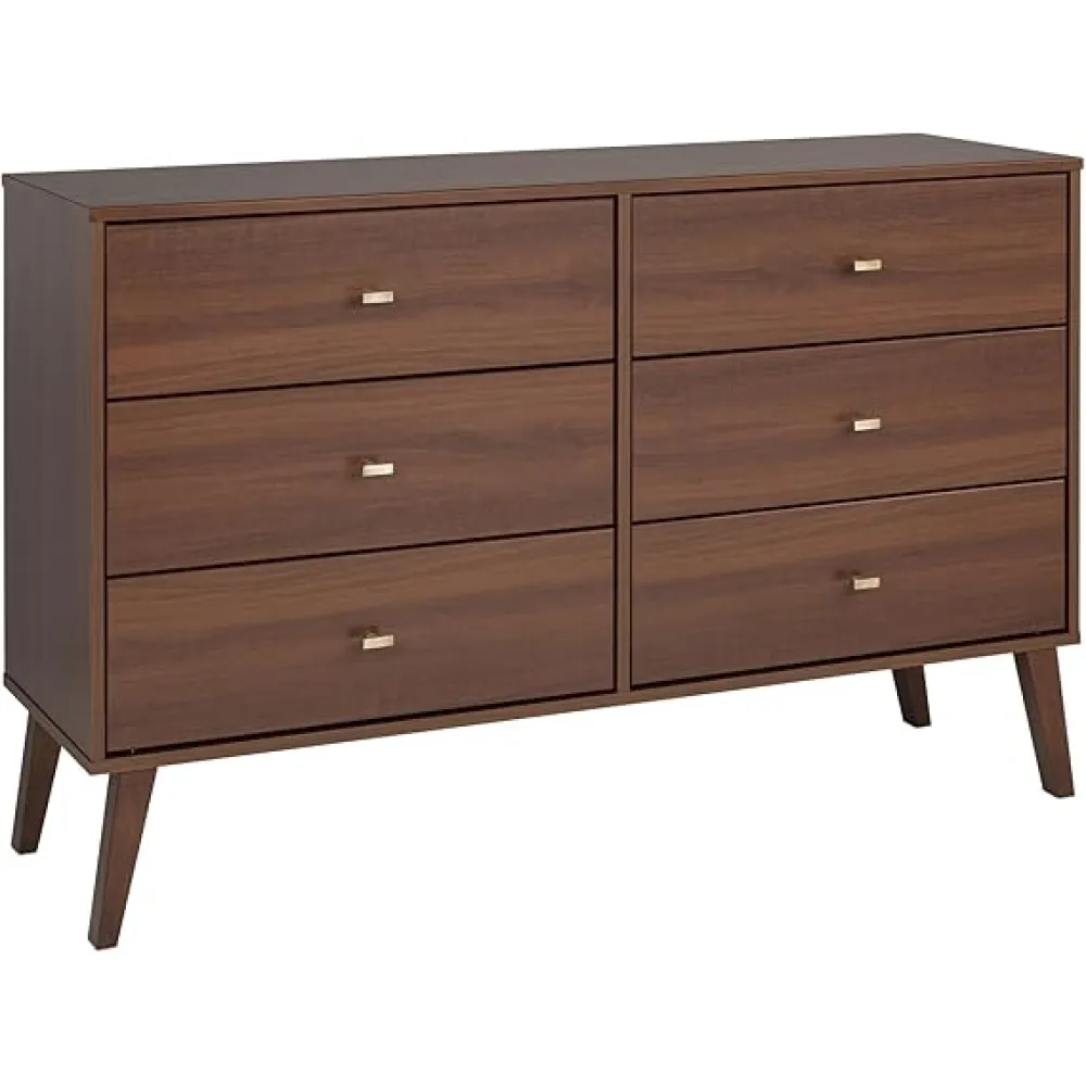 Prepac Milo Mid-Century Modern 6 Drawer Double Dresser for Bedroom, Wide Chest of Drawers, Contemporary Bedroom Furniture, 16.75" D x 52.50" W x 33" H, Cherry