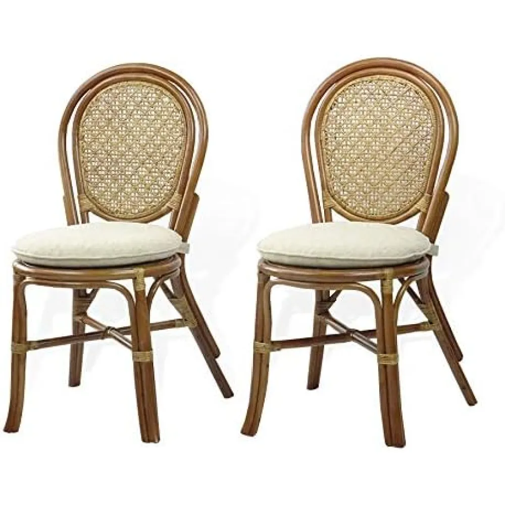 Set of 2 Denver Dining Side Chairs with Cream Cushions Handmade Design ECO Natural Wicker Rattan, Colonial