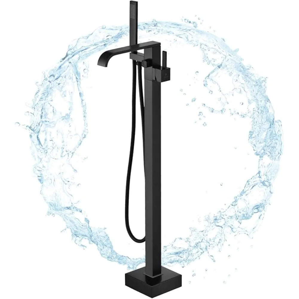 Kalog Single Handle Freestanding Tub Filler Floor Mount Bathtub Faucet with Square Handheld Shower (Matte Black-F)