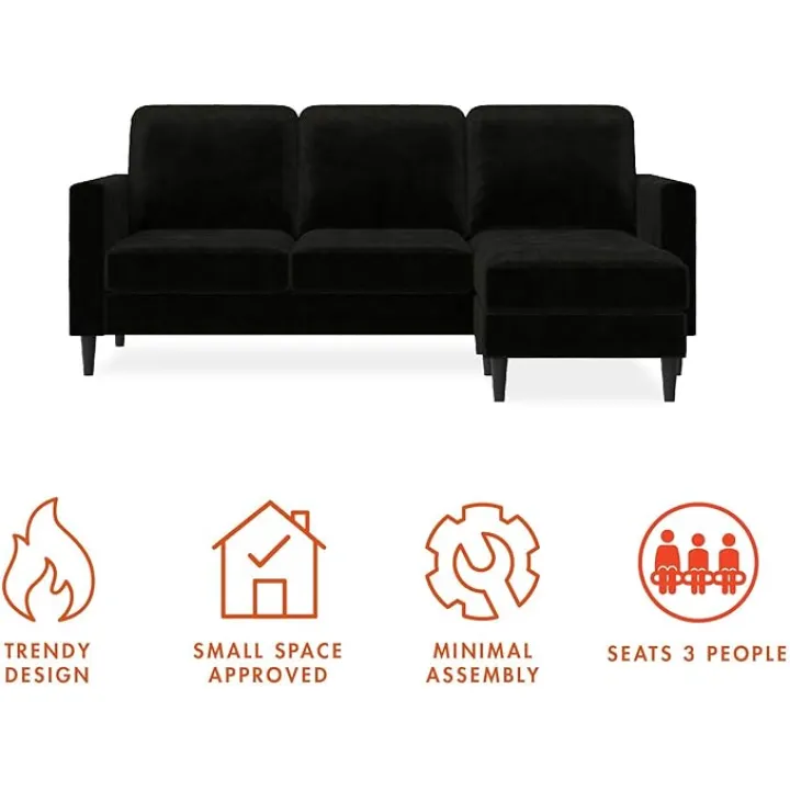 CosmoLiving by Cosmopolitan CosmoLiving Strummer Reversible Sectional Couch, Black Velvet Sofa (DA038-BK)