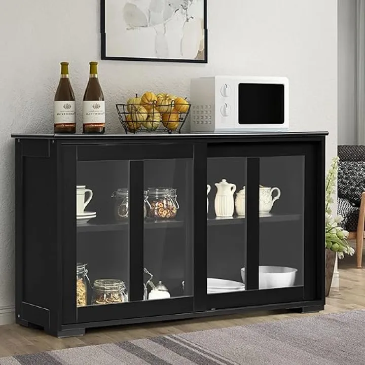 FANTASK Kitchen Storage Cabinet Sideboard, Stackable Buffet w/Height-Adjustable Shelf & 2 Glass Sliding Doors, Accent Console Table for Kitchen Dining Living Room Hallway Office (Black)