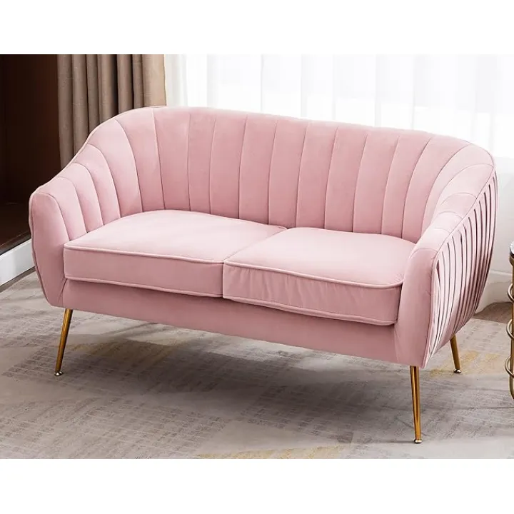 Artechworks Contemporary Tufted Velvet Tub Barrel Loveseat Sofa Chair Upholstered Couch with Golden Metal Legs Club Two-Seat Sofa for Living Reading Room Bedroom Apartment Small Space Dorm, Pink