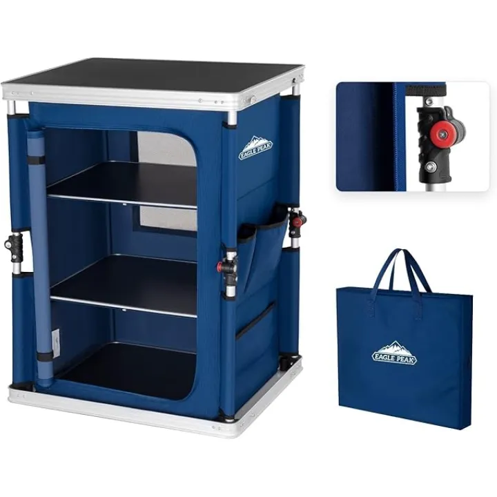 EAGLE PEAK Outdoor Folding Camping Table with Large 3-Tier Storage Organizer and Side Pockets, Easy Set Up Portable Aluminum Camping Kitchen, Blue