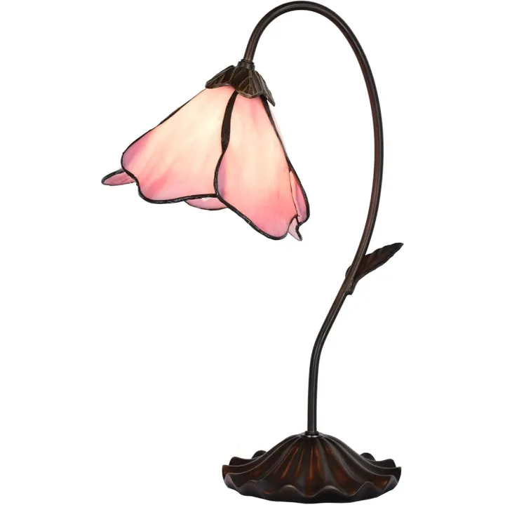 Bieye L10810 Flower Tiffany Style Stained Glass Table Lamp with 8-inch Wide Bent Glass Lampshade Lily Pad Base (1-Light, Pink)
