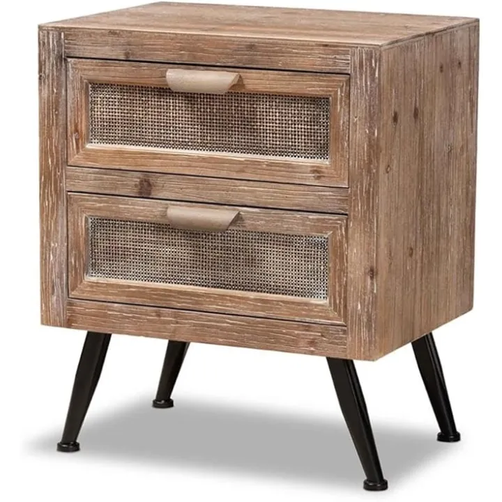 Baxton Studio Calida Mid-Century Modern Whitewashed Natural Brown Finished Wood and Rattan 2-Drawer Nightstand