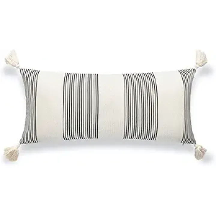 Hofdeco Modern Boho Moroccan Indoor Outdoor Long Lumbar Pillow Cover ONLY for Bed, Backyard, Couch, Sofa Neutral Black Stripe Tassels, 12"x26"