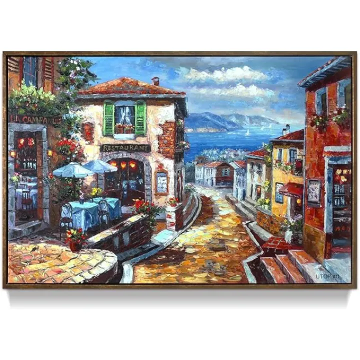 UTOP-art Italian Cityscape Abstract Wall Art Artwork: Mediterranean City italy Street Towns Picture Painting on Canvas for Paris Cafe Room (45'' x 30'')