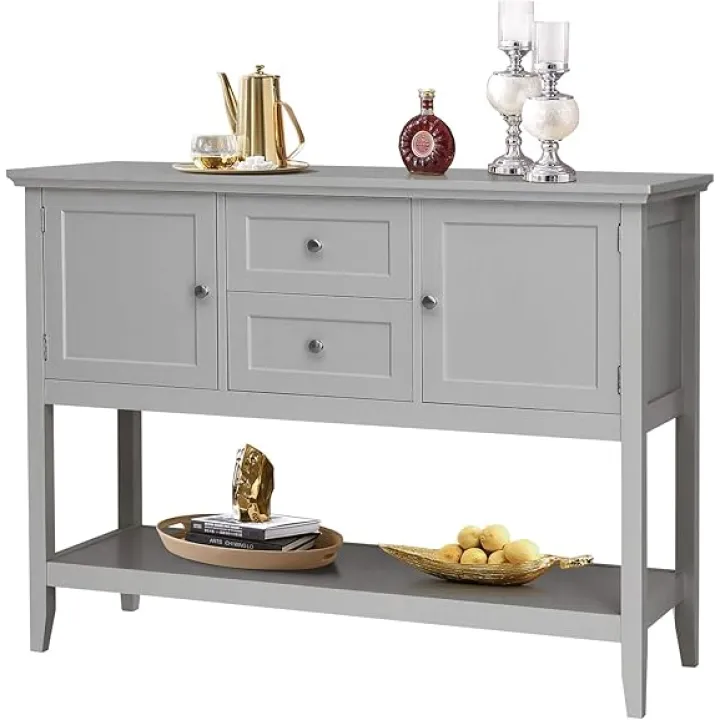 Giantex Buffet Sideboard, Wood Storage Cabinet, Console Table with Storage Shelf, 2 Drawers and Cabinets, Living Room Kitchen Dining Room Furniture, Wood Buffet Server (Grey)