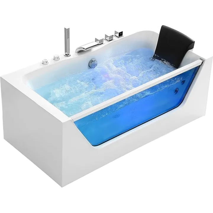 Empava 59 x 29" Whirlpool Tub,750W Acrylic Jetted Bathtub with 11 Jets,Hydromassage with Chromatherapy,3-Side Apron,58 Gallons,ETL Certified