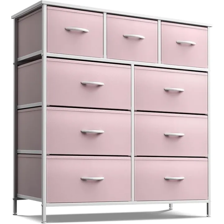 Sorbus Dresser with 9 Drawers - Furniture Storage Chest Tower Unit for Bedroom, Hallway, Closet, Office Organization - Steel Frame, Wood Top, Fabric Bins (Solid Pink, Solid)