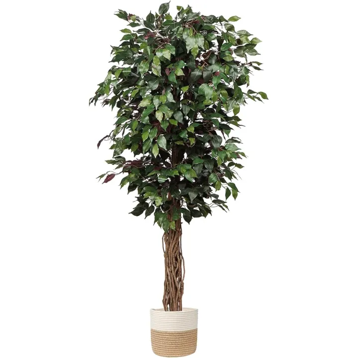 plant Artificial Ficus Tree 6ft in Pot Fake Silk Plant Green Red Leaves Natural Trunk for Indoor Outdoor Home Garden Decor