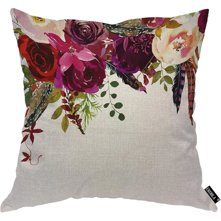 EKOBLA Watercolor Boho Burgundy Throw Pillow Cover Chic Blossom Floral Drop Flowers and Feathers Cozy Square Cushion Case for Men Women Boys Girls Room Home Decor Cotton Linen 18x18 Inch