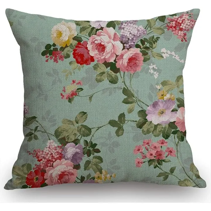 Swono Beautiful Flower Decorative Cotton Linen Throw Waist Pillow Case Cushion Cover Floral Pillowcase 18x18 Inches