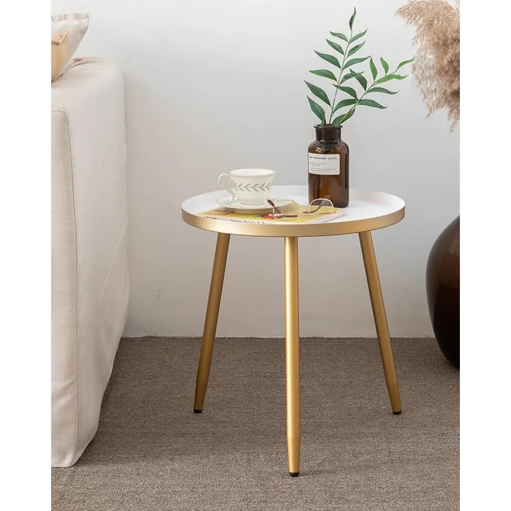 AOJEZOR Side Table: End Table for Any Room - Round Side Tables for Small Spaces - White Top with 3 Gold Legged