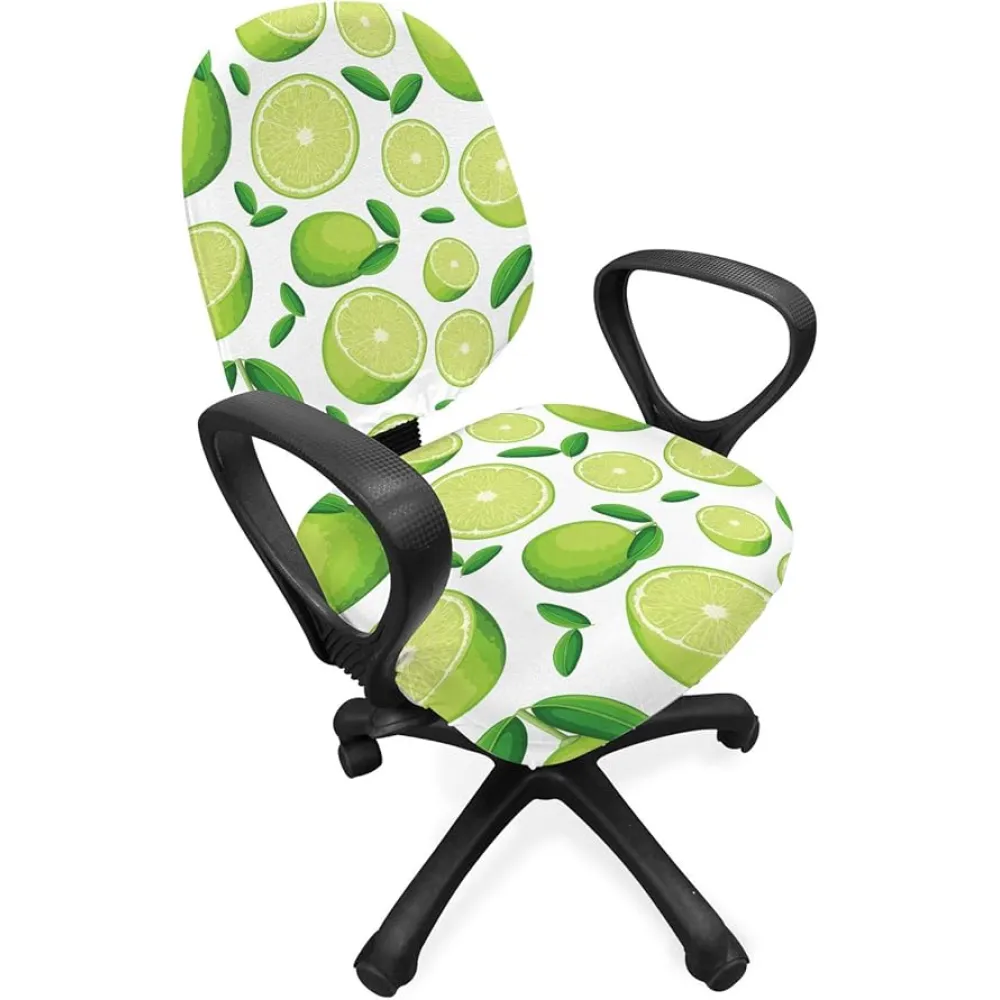Ambesonne Lemon Office Chair Slipcover, Monochrome Style Scene of Sliced and Whole Limes Juicy Sour Citrus Food Theme, Decorative Stretch and Washable Fabric Cover, Standard Size, Green and White