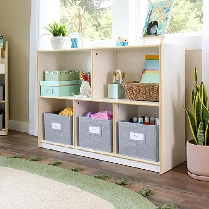 Guidecraft EdQ 5 Compartment Storage 30'' White with Fabric Bins: Wooden Organizer Cabinet for School Supplies and Home | Teacher's Book Cubby and Toy Shelf