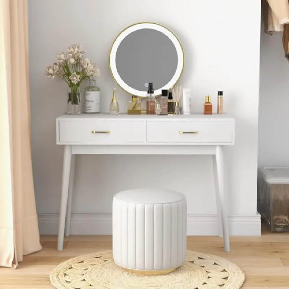 FUNKOCO White Small Desk with Drawers - 40 Inch White Home Office Study Writing Desk for Bedroom, Vanity Desk with 4 Solid Legs, Modern Computer Desk for Small Spaces