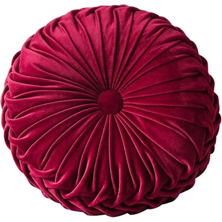 HLOVME Round Velvet Pillow for Couch Small Handmade Decorative Throw Pillow for Bed Bedroom 13.7” Wine Red