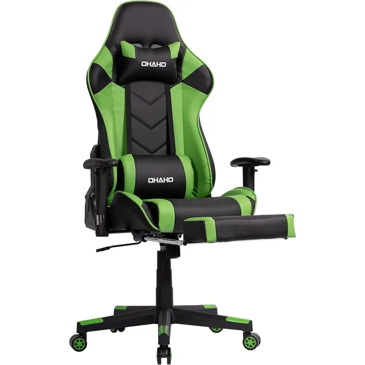 OHAHO Gaming Chair Racing Style Office Chair Adjustable Massage Lumbar Cushion Swivel Rocker Recliner High Back Ergonomic Computer Desk Chair with Retractable Arms and Footrest (Black/Green)